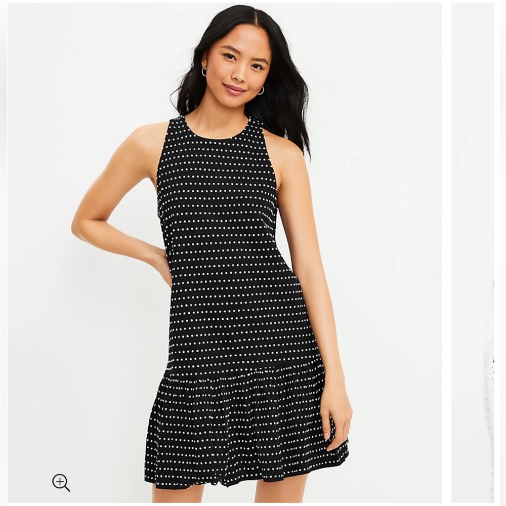 NWT Loft black and white polka dotted flounce swing sleeveless dress size M